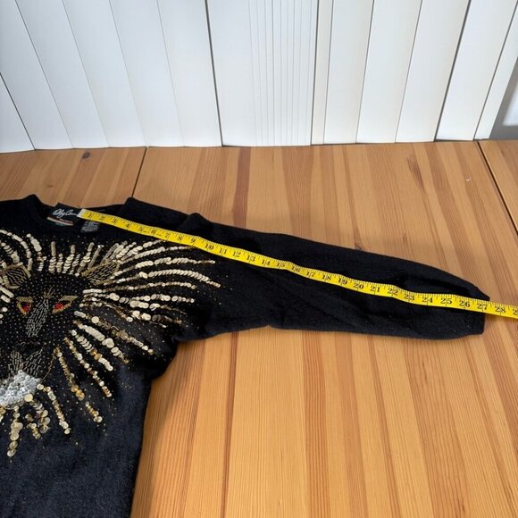 Vintage Oleg Cassini Black Lion Sequin Sweater Angora Lambswool Artsy L - Picture 6 of 10